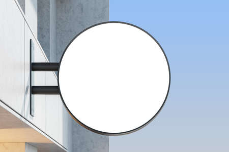 Building exterior with blank round light box sign mounted outdoor, front view, concrete wall. Mockup copy space, 3D renderingの写真素材