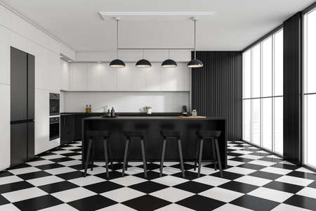 Industrial white and black kitchen interior with breakfast bar table, checkered floor tiles, four stools, ceiling lamp and panoramic window. Concept of modern design. 3d renderingの写真素材