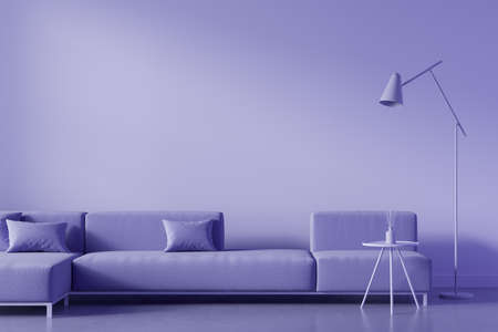 Stylish violet lounge interior with couch and lamp, coffee table with reed diffuser, concrete floor. Copy space empty wall, 3D renderingの写真素材