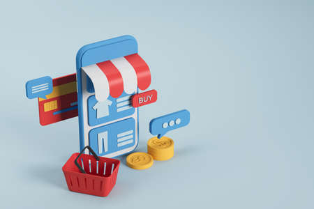 Smartphone with shopping mobile app, icons and basket with credit card. Money and buy button, digital platform for online order. Empty copy space, 3D renderingの写真素材