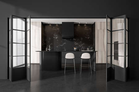 Dark kitchen room interior with bar counter, barstool, glass door, panoramic window with city view,...