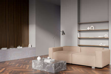 Corner view on dark living room interior with sofa, marble coffee table with books, shelves, gray...