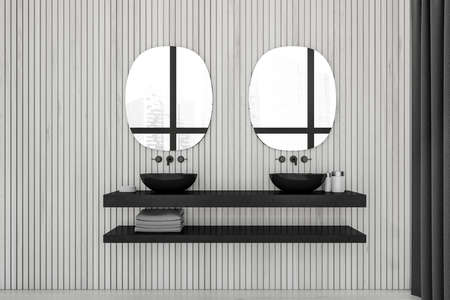 Dark bathroom interior with two oval mirrors, sinks, wooden walls, liquid soap, towels, curtain and concrete floor. Concept of hygienic and spa procedures. 3d renderingの写真素材