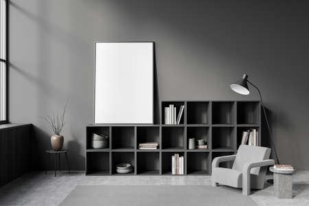 Relaxing room interior with seat and lamp, shelf with books and decoration, gray concrete floor. Window and mock up frame copy space, 3D renderingの写真素材