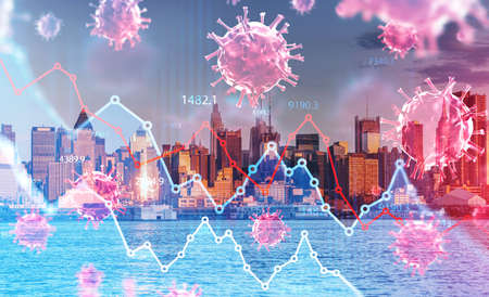 New York city skyscrapers and SARS-CoV-2 coronavirus variant, omicron. Financial chart with lines dynamics, falling and rising. Concept of business and crisisの写真素材