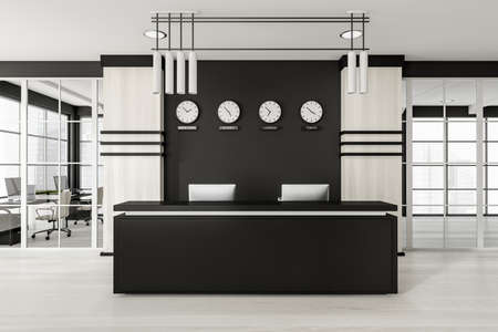 White wooden reception room interior with two computers, coworking space behind glass doors. Entrance hall with clock on wall, parquet floor and window with city view, 3D renderingの写真素材