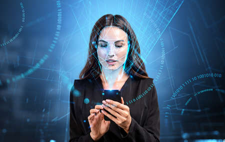 Businesswoman typing in phone, biometric verification and face detection, binary and digital...
