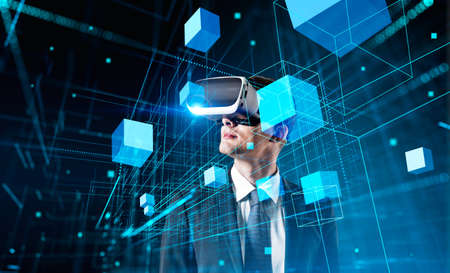 Boss businessman in vr glasses headset, digital hologram of blocks in metaverse, virtual reality and...
