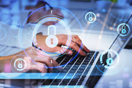 Office woman fingers typing on keyboard, padlock icon, double exposure. Cyber security hud,...