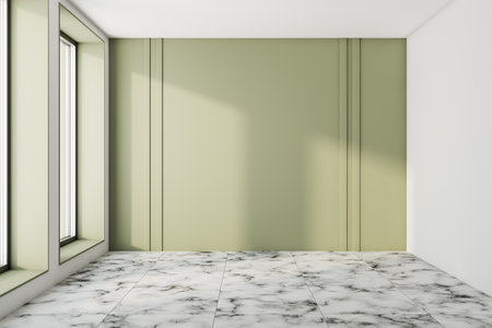 Light bathroom interior in apartment with tile marble floor, front view, empty washing room with two windows, green wall. Copy space blank wall. 3D renderingの写真素材