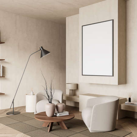 Reading room interior with two seats and lamp, stand with books and decoration, side view, parquet...
