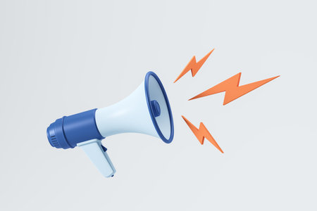 Loudspeaker with sound on gray background, megaphone announcement as a symbol of advertising and promotion. Bullhorn for advertising messages. 3D renderingの写真素材