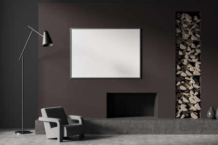 Dark living room interior with empty white poster, comfortable armchair, fireplace, firewood, vase,...