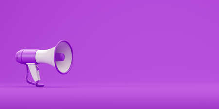Loudspeaker on purple background, megaphone announcement as a symbol of advertising and promotion. Bullhorn for advertising messages. Copy space, 3D renderingの写真素材