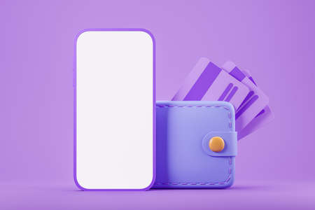 Smartphone and wallet with card on purple background. White mock up empty mobile screen. Concept of...