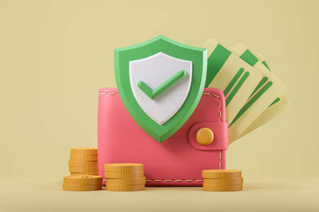 Credit card and financial security, wallet with coins. Money transfer and payment. Cryptocurrency...