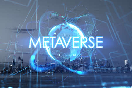 Earth globe and global network connection, sphere and digital lines, New York skyscrapers. Metaverse, blockchain technology and finance. Concept of global connectionの写真素材