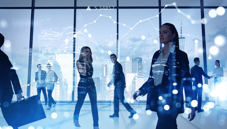 Businessmen and businesswomen work together in company shaking hands and talking on smartphone. Office workplace with panoramic window with Singapore view. Concept of teamwork and cooperationの写真素材