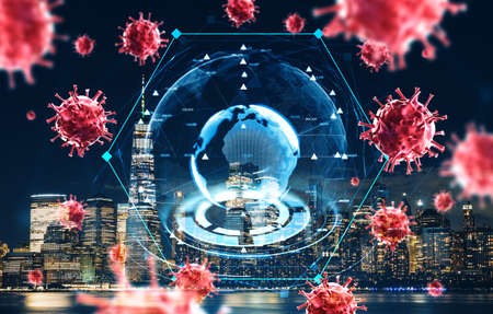 Earth globe and circuit, New York city skyscrapers. SARS-CoV-2, omicron virus. protection and finance. Concept of worldwide crisis and financial securityの写真素材