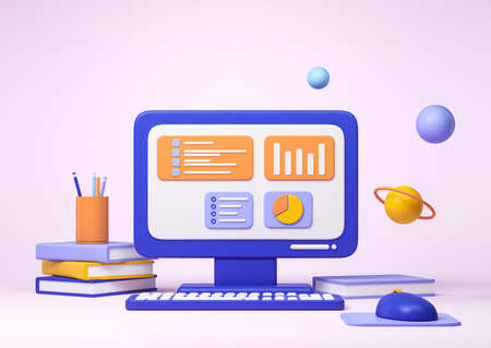 Workplace with desktop, books and charts. Online education and distance working. E-learning concept, 3d rendering.の写真素材