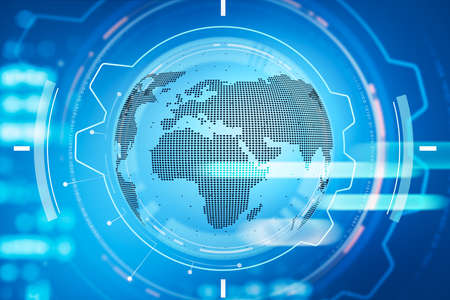 Digital interface with hologram of virtual globe, cogwheel and gear on the blue background. Concept...