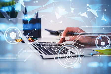 Office woman fingers typing on keyboard, padlock icon and digital lines, double exposure. Cyber...