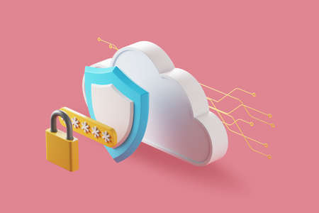 White cloud, yellow padlock, blue protection shield and pink background. cloud storage. Safety cyber security, and data protection, privacy concept, minimalist. 3D renderingの写真素材