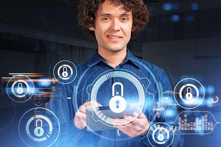 Businessman hands using tablet, smiling portrait. Digital padlock icons and binary, double exposure....