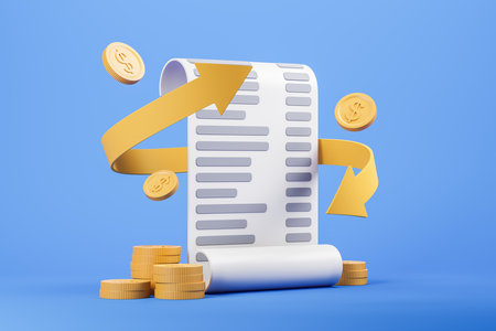 Printed receipt with twisted yellow arrow as concept of cash back reward program, falling down gold dollar coins. blue background. Online shopping and costs of living concept. 3d renderingの写真素材
