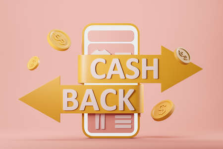 Smartphone with mobile app, cashback text and coins with dollar sign, pink background. online payment. Concept of purchase and refund. 3D renderingの写真素材