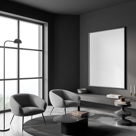 Copy space mockup wall poster in villa living room design interior, gray furniture, dark walls,...