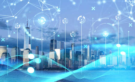 Panoramic New York city view. Cyberspace and digital data with binary, double exposure. Metaverse...
