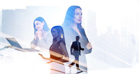 Business people working together, online video conference and clipboard. Businessman walking, double exposure of city skyscrapers. concept of teamworkの写真素材