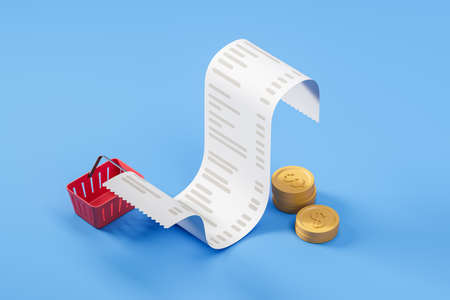 Printed receipt and dollar coins with basket of goods as a concept of fixed set of consumer products. blue background. Online shopping and consumer's behavior. 3d renderingの写真素材
