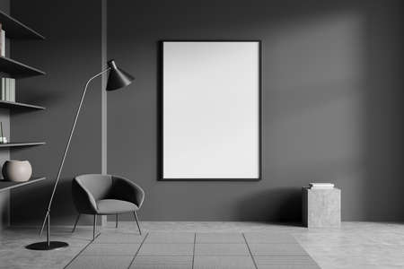 Dark living room interior with empty white poster, armchair, bookshelves, carpet, gray walls and concrete floor. Concept of contemporary apartment design. Mock up. 3d renderingの写真素材