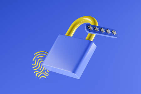 Blue padlock and yellow fingerprint behind hovering on air. Password interface to log in. Cyber security, data protection and privacy concept, authorization and authentication. 3D renderingの写真素材