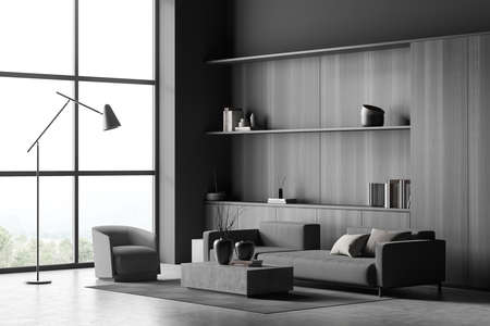 Wooden wall closet in villa living room design interior, modern furniture, concrete flooring, huge...