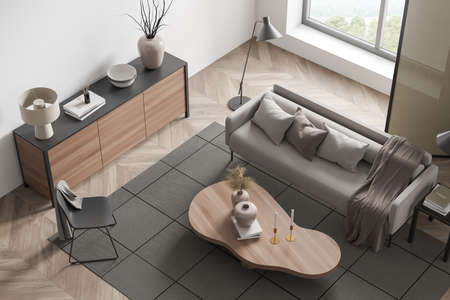 Top view on bright waiting room interior with sofa, chairs, panoramic window with countryside view,...