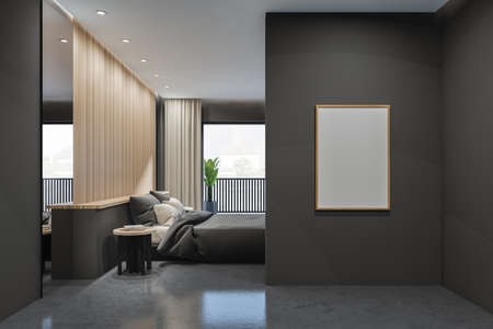 Side view on dark bedroom interior with empty white poster, bed, panoramic window, armchair, wooden...
