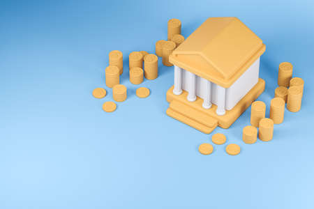 Bank house with coin dollar in row on blue background copy space. Concept of check cash in bank and saving money. 3D renderingの写真素材
