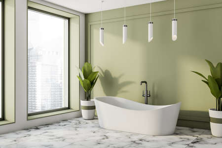Light bathing room interior with white tub, window with city view, lamps and two plants. Washing room in modern apartment, 3D renderingの写真素材
