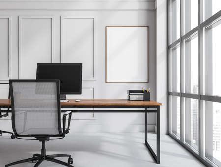 Bright modern and luxury office room interior with desktop, panoramic window with financial downtown...