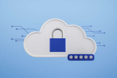 White cloud, padlock, blue background. Cloud storage and data protection. Safety cyber Security, and protection, privacy concept, minimalist. 3D renderingの写真素材