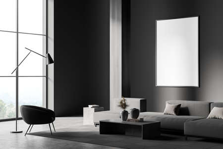 Dark relaxing room interior with sofa and armchair on carpet, coffee table with decoration, side view, panoramic window on countryside, gray concrete floor. Mock up blank canvas, 3D renderingの写真素材