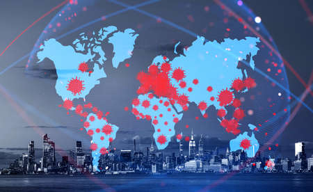 Earth globe and map with SARS-CoV-2, omicron virus. New York city skyscrapers and global quarantine. Concept of worldwide crisis and economyの写真素材