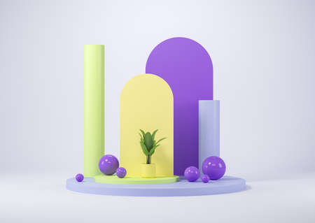 Purple and yellow arch and podium with column, plant in pot and decorative balls. Colorful mockup...