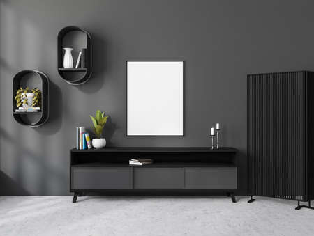 Dark gallery room interior with black sideboard with books, wall shelf decoration in art room, privacy screen on gray concrete floor. Mock up frame on wall, 3D renderingの写真素材