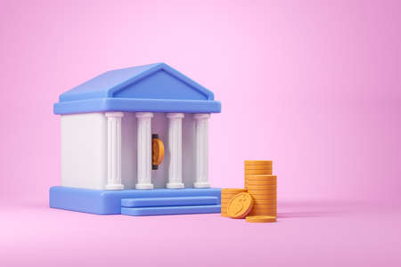 Bank house with coin dollar on pink background. Concept of investment, cash in bank and saving money. 3D renderingの写真素材