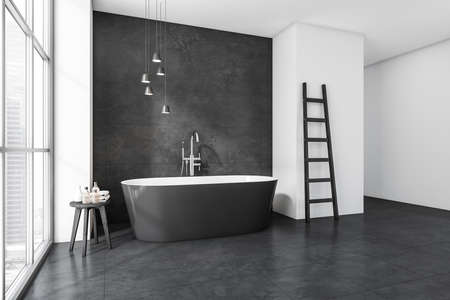 Modern bathroom interior with gray ceramic bathtub. Gray tiled walls and flooring. panoramic window. ladder. no people. 3d rendering.の写真素材