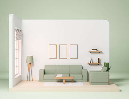 Green relaxing interior with sofa and armchair, hardwood floor, window. Plant and lamp, shelf with books. Lounge zone with three mockup frames in row on white wall, 3D renderingの写真素材